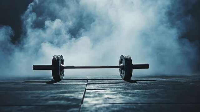 Barbell rests on a gym floor shrouded in smoke during an intense weightlifting session at night
