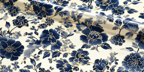 Navy and Gold Floral Print on Light Satin Fabric
