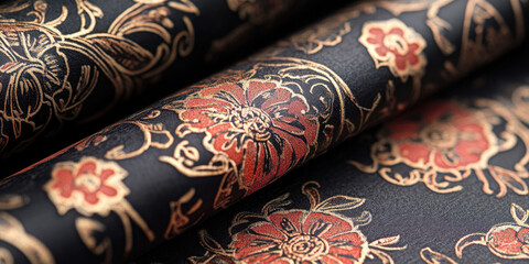 Luxurious Black Fabric with Gold and Red Floral Patterns