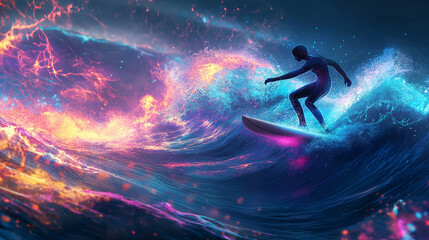 A luminous surfboard riding glowing waves, surrounded by electric splashes and neon mist.