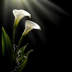 Two Calla Lilies Adorned With Pearls Against A Dark Background