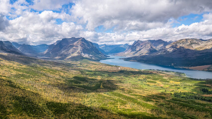 View of Saint Mary Lake and eastern Glacier National Park from Highway 89   