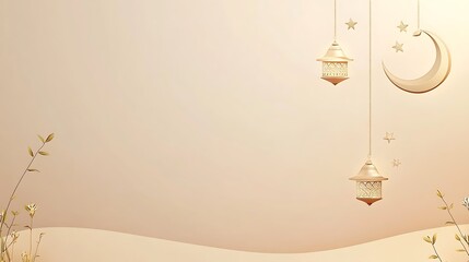 Elegant Ramadan Background Featuring Golden Lanterns and Crescent Moon