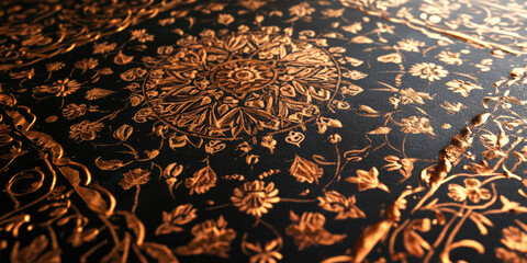Golden Floral Mandala on Black Fabric