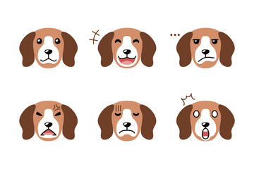 Set of cute character cute beagle dog faces showing different emotions for design.