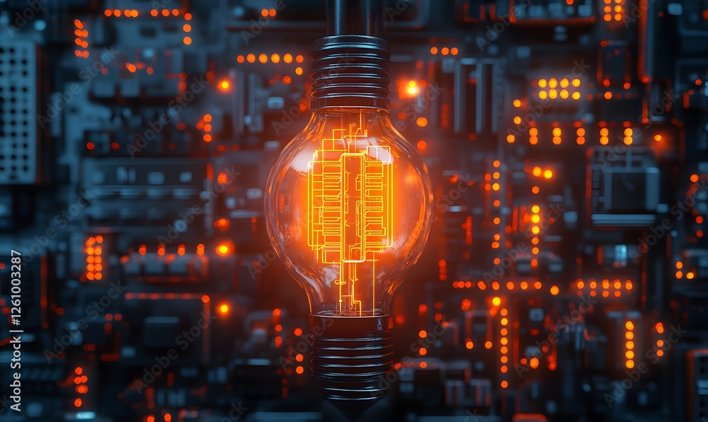 Poster a glowing light bulb with circuit patterns on a dark circuit board background