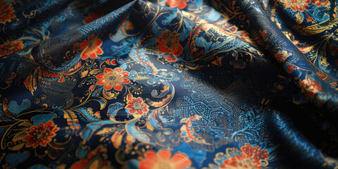 Ornate Floral Fabric with Blue and Red Tones
