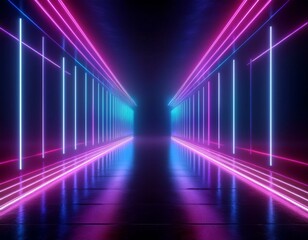 3d rendering, abstract neon background, empty tunnel with pink glowing lines, long corridor, road, performance stage with reflecting floor, ultraviolet light.