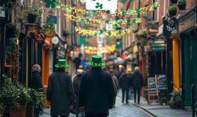 Obraz premium St. Patrick's Day celebration on a narrow street with green hats and decorations