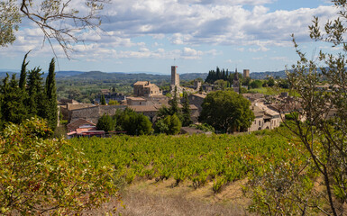 Blick über Weinreben auf das Dorf Aiguèze in Südfrankreich.