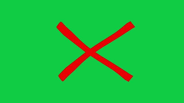 The appearance of an animated hand-drawn red cross with a brush. Prohibition concept, strikethrough on green background.