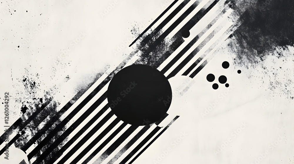 Poster abstract monochrome background with minimal geometric shapes circles and splattered ink in a contemporary expressive and dynamic design