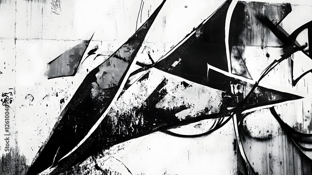 Poster Abstracted grungy monochrome texture with dynamic chaotic geometric shapes distressed patterns and visually striking contrasting elements  This contemporary