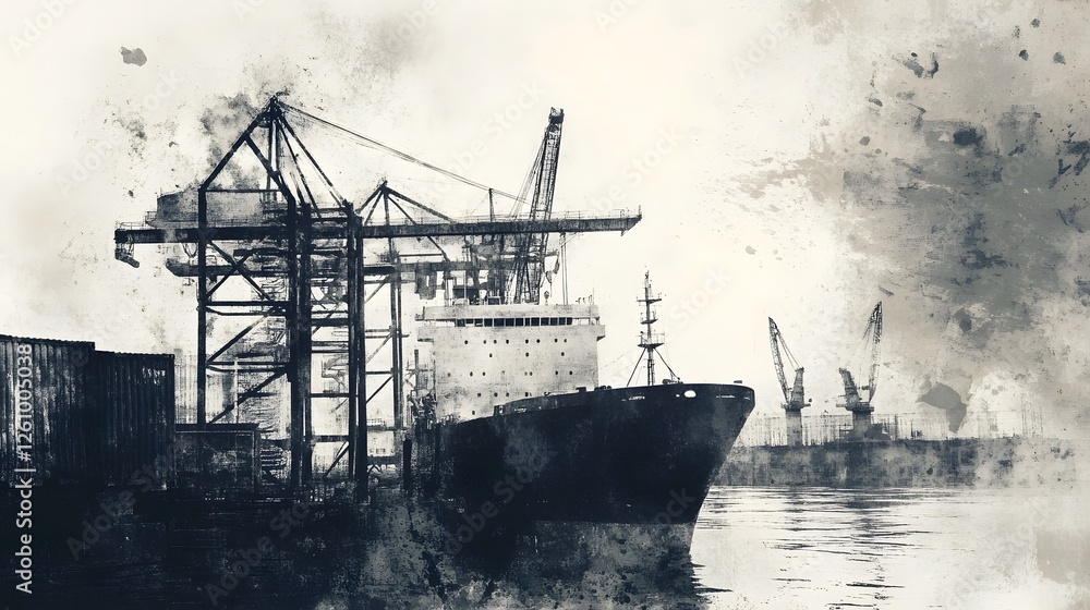 Poster Aerial view of a busy industrial harbor with a large cargo ship loading and unloading containers using towering cranes representing the global trade and logistics industry