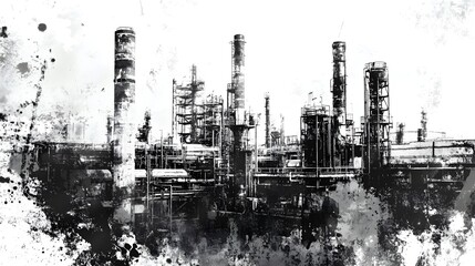 Aerial view of a sprawling oil refinery and chemical processing plant complex with numerous smokestacks pipelines and storage tanks against an urban industrial cityscape in monochrome tones
