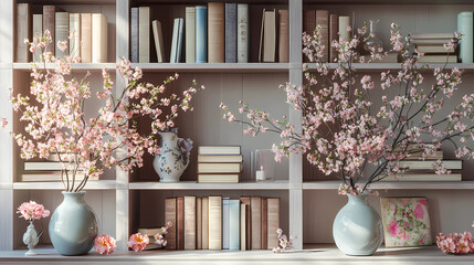 Zoom Background Bookshelves with spring flowers