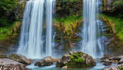 Fototapeta premium Waterfall Orchestra: A cascading waterfall whose flowing water produces musical notes as it flows over rocks. The scene is filled with musical elements like piano keys floating in the air and violin s