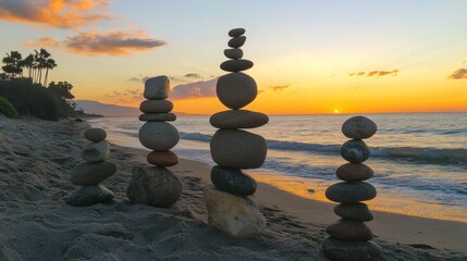 Sunset beach rocks balanced zen art