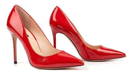 Pair of Shiny Red Stiletto High Heel Shoes on White Surface heels