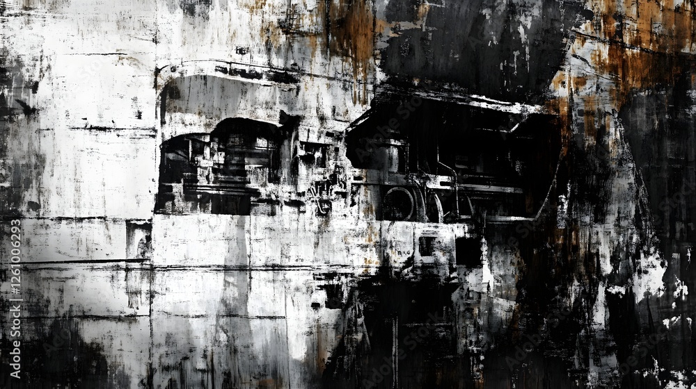 Poster Aged grungy textured abstract wall background with intense contrast moody shadowy tones and heavily weathered distressed details  Industrial urban grunge style surface with peeling paint scratches