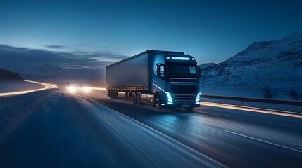 Truck driving on a snowy highway at night