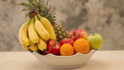 Fresh fruit bowl with bananas red apples oranges pineapple and green apples on a table