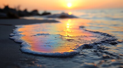 Sunset Reflecting On Ocean Waves And Sand