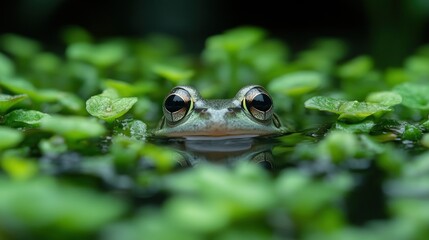 Frog peeking from pond vegetation