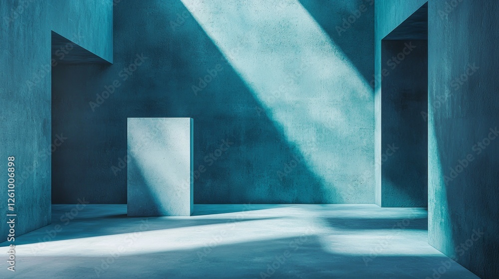 Aufkleber In a serene studio illuminated by soft shafts of light, bold geometric shapes emerge from a calming blue backdrop. The play of shadow and light creates a tranquil yet dynamic ambiance