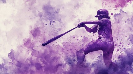 Softball player swinging bat, purple watercolor splash background