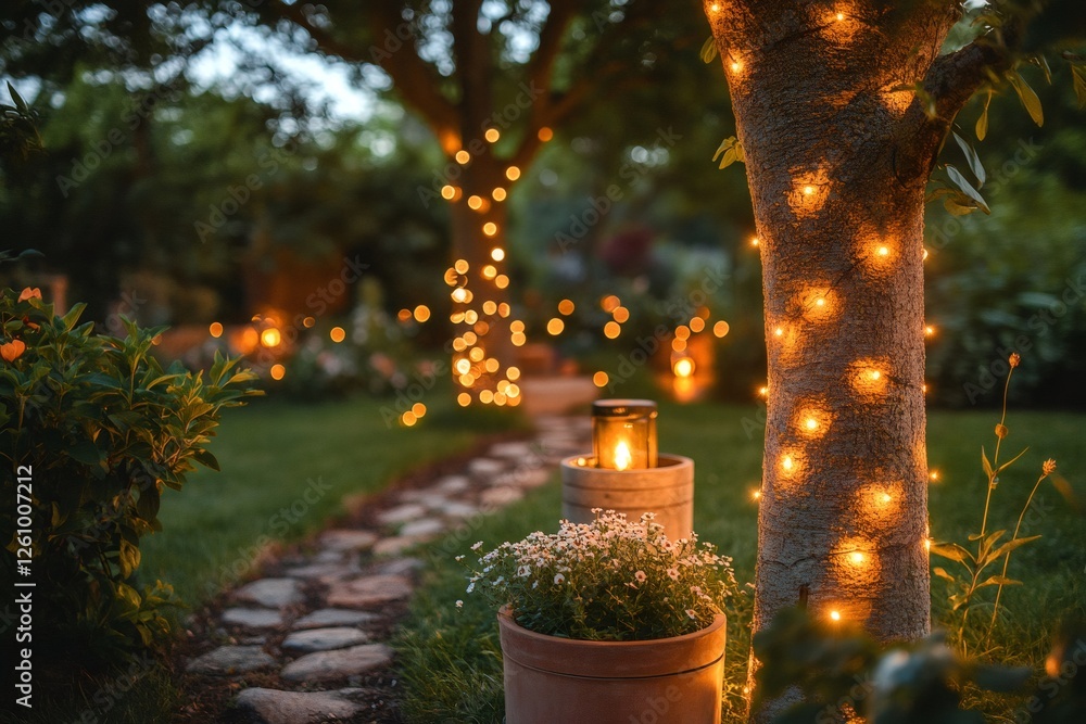 Poster lighting up the garden path, creating a magical ambiance with string lights and lanterns