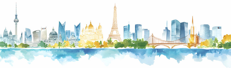 Global Cityscape Watercolor: An evocative watercolor painting showcases a panoramic skyline of iconic landmarks from across the globe, symbolizing interconnectedness, travel.