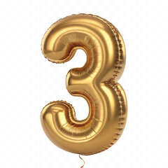 realistic 3d number 3 with made by the 3d ballon in different gold colour style isolated on white background