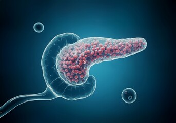 Medical 3D visualization of pancreatic cellular structure with detailed tissue magnification showing clusters of cells. Growing an artificial pancreas