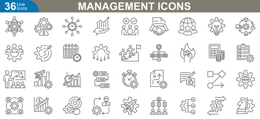 Management icons set. Professional vector illustrations representing project management, task organization, leadership, time management, strategy planning, team collaboration and more.