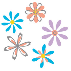 Freehand flower shapes isolated elements, clipart set. Hand drawn doodle cartoon style design. Cute floral web d cor. Blob brush stroke contour. Pastel blue pink shades colour vector illustration