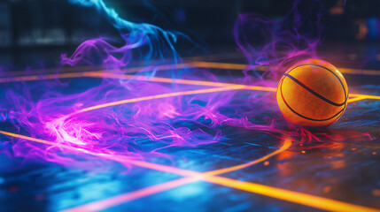 Obraz premium Vibrant Neon Basketball Scene: Glowing Court, Bouncing Ball, and Smoke Trails