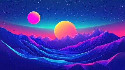 Obraz premium Alien sunset, mountainscape, vibrant, digital art