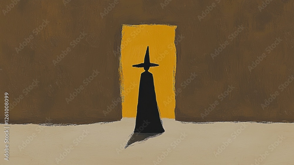 Poster mysterious figure standing at doorway abstract scene digital art minimalist environment side view en