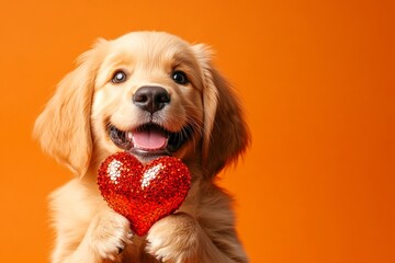 Digital ads visual design idea. Cute golden retriever pooch with sparkling rhinestones red heart - emblem of love, funny greeting card. Golden retriever - my treasured dog. Dog and heart.