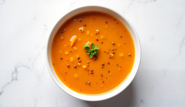 Spicy Indian rasam in a bowl with herbs on a marble background