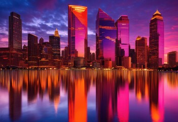 Fototapeta premium captivating dusk skyline reflections glass surfaces emphasizing architectural beauty vibrant colors, architecture, urban, city, buildings, sunset, evening