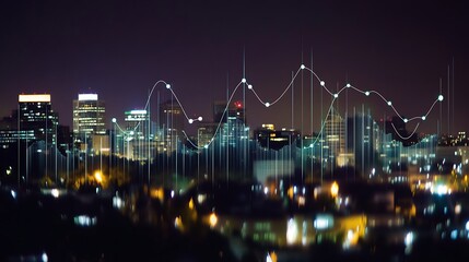 Obraz premium Night cityscape with superimposed financial graph.