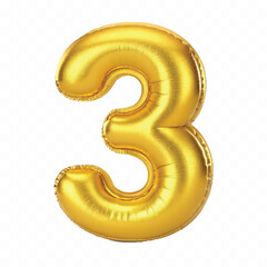 realistic 3d number 3 with made by the 3d ballon in different gold colour style isolated on white background