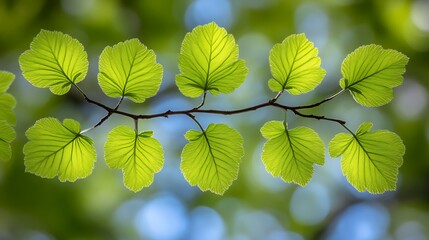 Bright Sunlight Illuminates Fresh Green Leaves On Branch