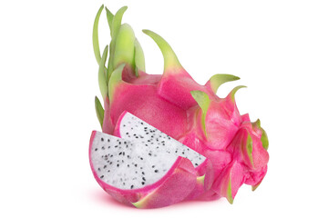 Segments and whole dragon fruit or pithayai on isolated white background.