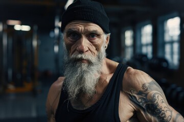 Elderly man with tattoos exercises in gym setting