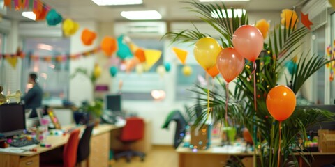 the interior of the office is an open space decorated for the holiday, balloons and garlands, corporate culture, corporate, team building