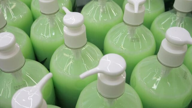 many plastic dispenser jars with liquid soap, shampoo, detergent or other hygiene product, standing next to each other. Plastic jars with green hygiene product or detergent.