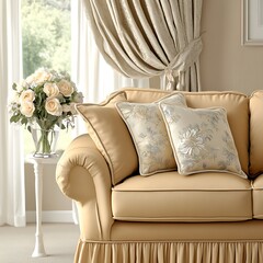 Elegant Tan Sofa Decorated with Floral Pillows and Flowers